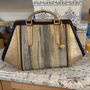 Gold and Gray Structured Satchel with Prominent Hardware